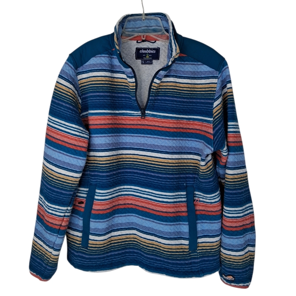Chubbies Striped The Trai Mix Quilted 1/4 -Zip Pullover Jacket Mens Size S Blue